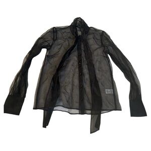 Forever 21 black sheer long sleeve button down blouse tie neck